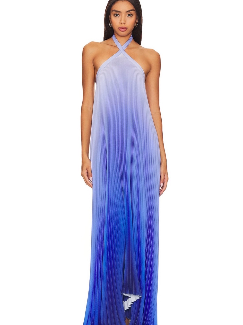 L’IDÉE Deesse Gown Ocean Blue Ombré Pleated Halter Maxi Dress